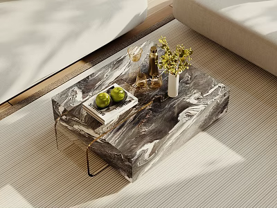 Modern Coffee Table With Marble Texture Metal Legs And Green Fruits Book Vase Plants 3d model