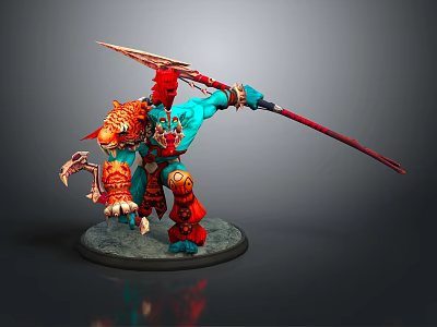Detailed Blue Skinned Red Armored Spear Wielding Game Movie Character In Dynamic Stance 3d model