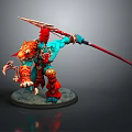 Detailed Blue Skinned Red Armored Spear Wielding Game Movie Character In Dynamic Stance