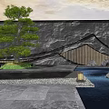 Feature Wall Design With Mountain Pattern Pine Tree Water Feature And Stone Accents 3d model