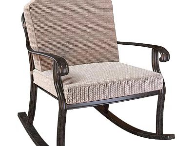 Classic Rocking Leisure Chair With Dark Wood Frame And Beige Woven Fabric For Comfortable Seating 3d model