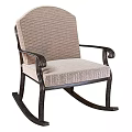 Classic Rocking Leisure Chair With Dark Wood Frame And Beige Woven Fabric For Comfortable Seating