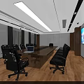 Modern Conference Room Interior With Long Table Black Chairs Large Screens And Wooden Walls