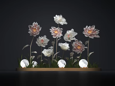 Pink and White Flowers With Green Leaves And Round White Lights On Dark Display Stand 3d model