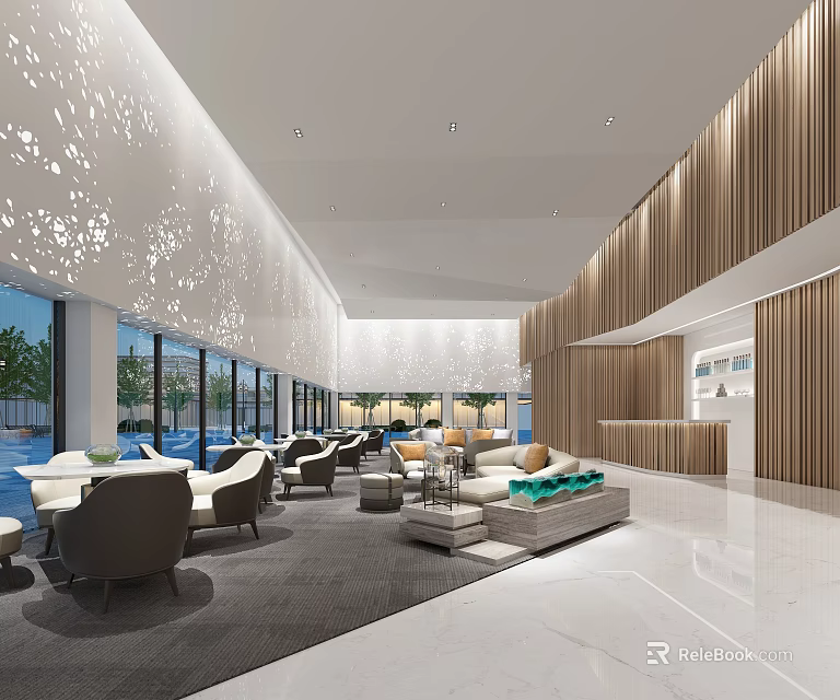Modern Sales Office With Large Glass Windows Greenery View Wooden Wall Decor And Comfortable Furniture 3d model 