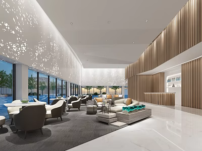 Modern Sales Office With Large Glass Windows Greenery View Wooden Wall Decor And Comfortable Furniture 3d model