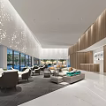 Modern Sales Office With Large Glass Windows Greenery View Wooden Wall Decor And Comfortable Furniture
