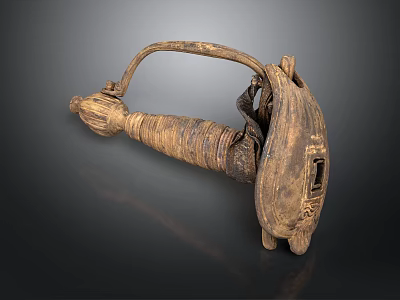 Ancient Historical Weapon with Carved Wooden Handle and Intricate Design 3d model