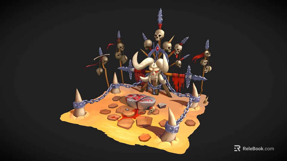 Dark Themed Scene With Skulls Spikes Chains Red Decorations And Altar On Stone Ground 3d model 