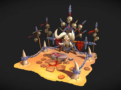Dark Themed Scene With Skulls Spikes Chains Red Decorations And Altar On Stone Ground 3d model