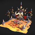 Dark Themed Scene With Skulls Spikes Chains Red Decorations And Altar On Stone Ground
