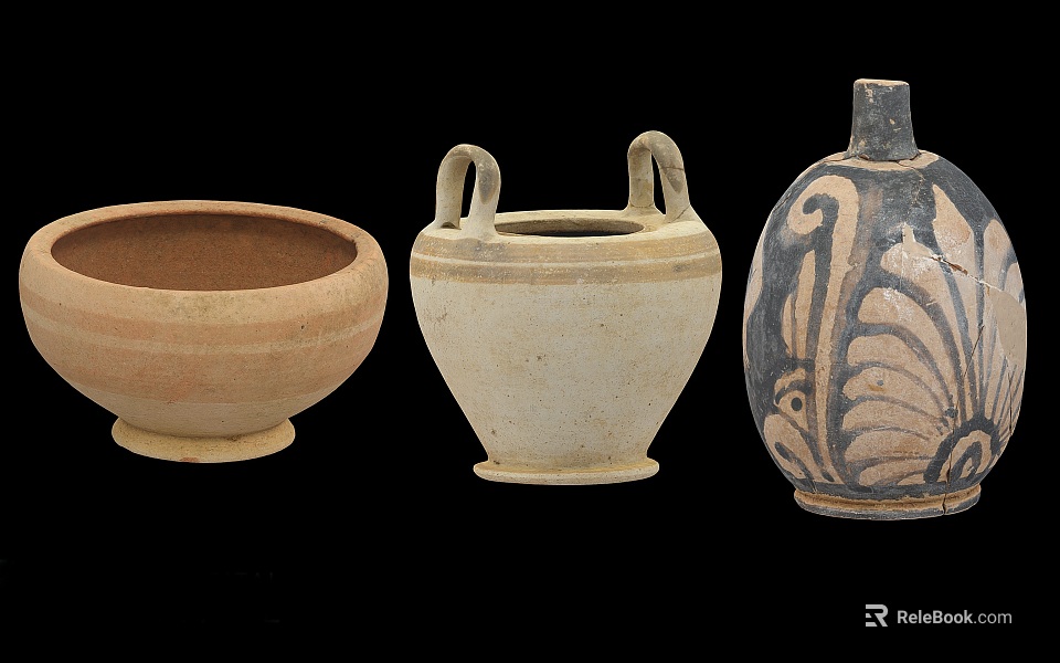 Traditional Ceramic Vessels Set Including Bowl Two Handled Jar And Decorated Bottle 3d model 