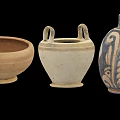 Traditional Ceramic Vessels Set Including Bowl Two Handled Jar And Decorated Bottle