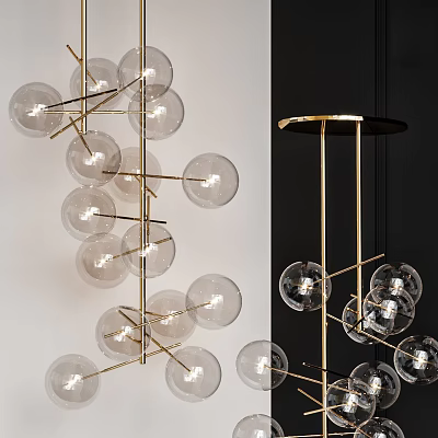 Modern Glass Globe Chandelier With Brass Frame And Layered Design For Interior Lighting 3d model