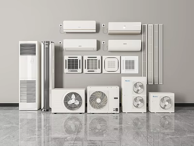 Various Models of Air Conditioners and Fans Showcased in Modern Display Room 3d model