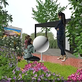Square Landscape With Green Plants Purple Pink Flowers White Spherical Installation Trees And People