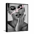 Modern Monochrome Portrait of Woman with Closed Eyes Pink Neon Lines and Hand on Cheek