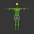 Muscular Shirtless Man In Dark Shorts With Arm Sleeves And Outstretched Arms On Gray Background