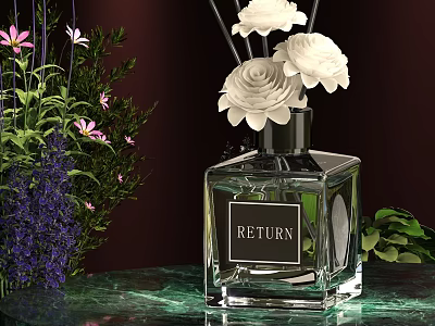 Elegant Perfume Bottle With White Roses Purple Flowers And Green Plants On Green Marble Countertop 3d model