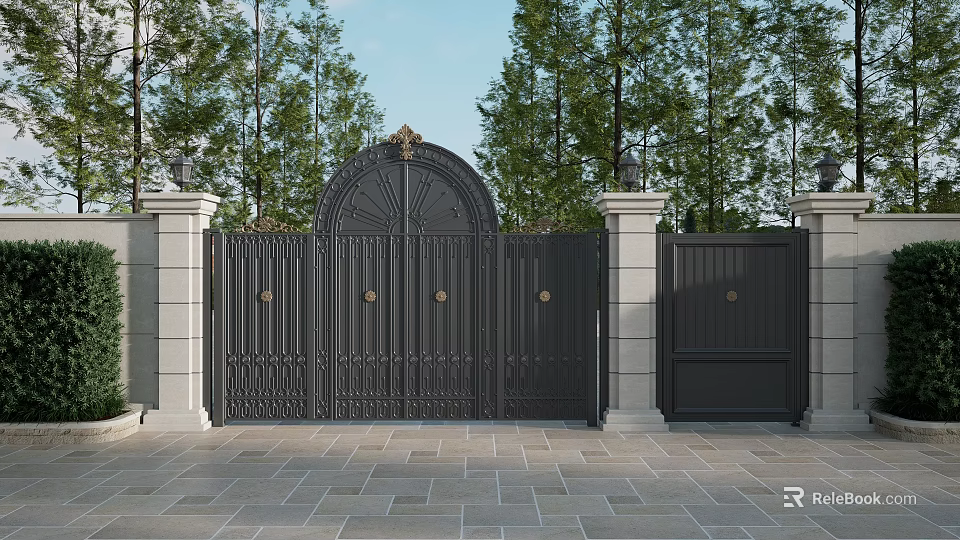 Elegant Black Wrought Iron Entrance Gate With Arched Design And Stone Pillar Lamps 3d model 