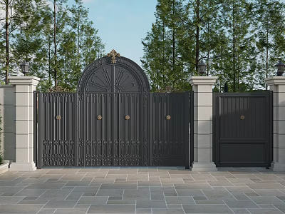 Elegant Black Wrought Iron Entrance Gate With Arched Design And Stone Pillar Lamps 3d model