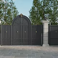 Elegant Black Wrought Iron Entrance Gate With Arched Design And Stone Pillar Lamps