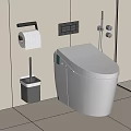 Modern White Toilet in Bathroom with Toilet Paper Holder Roll and Brush Holder