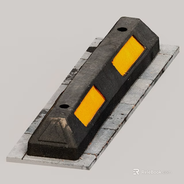 Black Wheel Stopper With Yellow Reflective Strips Placed On Gray Ground 3d model 
