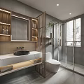 Modern Bathroom Interior Design With Wooden Shelves Vanity Mirror And Glass Shower Enclosure