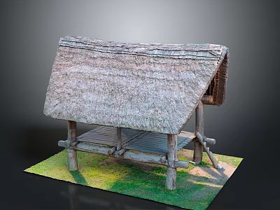 Rustic Thatched Roof Shelter With Wooden Frame And Green Grass Base 3d model