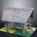 Rustic Thatched Roof Shelter With Wooden Frame And Green Grass Base