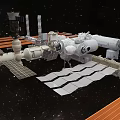 Cartoon Scene of Space Station with Multiple Modules and Solar Panels in Starry Space Background