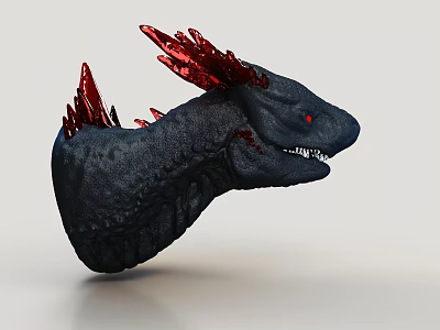 Dragon Head Sculpture With Black Body Red Horns And Sharp Teeth 3d model