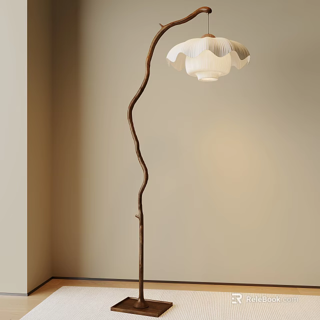 Stylish Curved Branch Floor Lamp With White Pleated Shade In Living Room Corner 3d model 