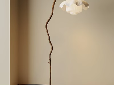 Stylish Curved Branch Floor Lamp With White Pleated Shade In Living Room Corner 3d model