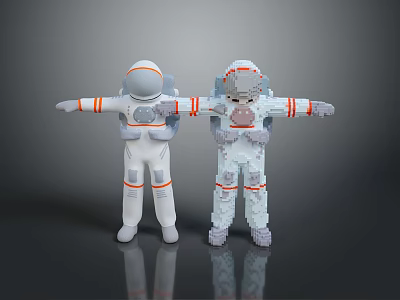 Two Astronauts With One Pixelated Design Standing With Arms Outstretched In White Suits 3d model