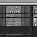 Modern Black Frame Tea Cabinet With Marble Pattern Background Shelves And Decorative Items