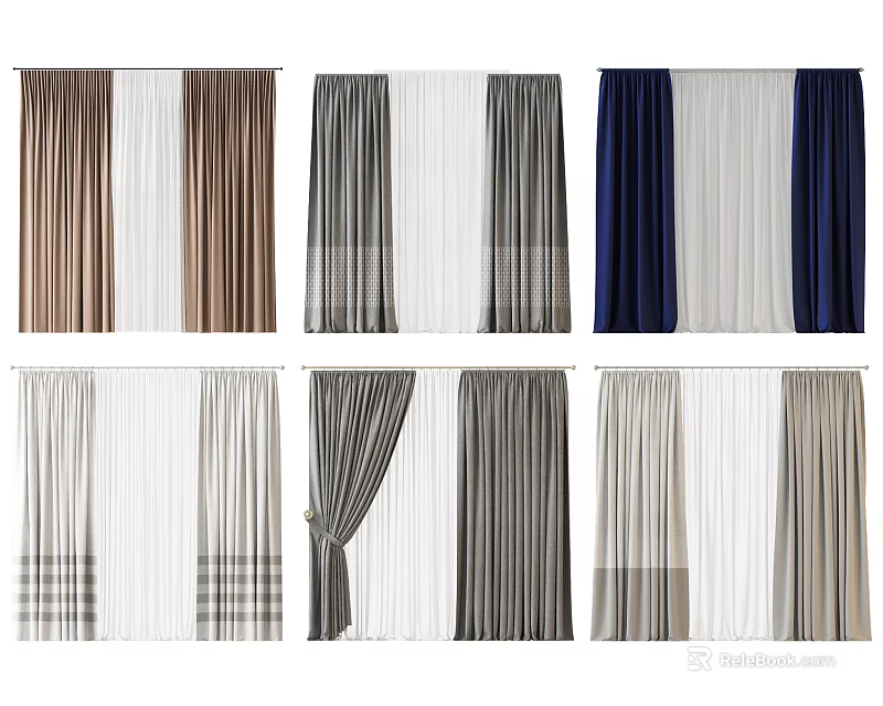 Brown Grey Blue Curtains With Striped Plaid Patterns For Home Decor 3d model