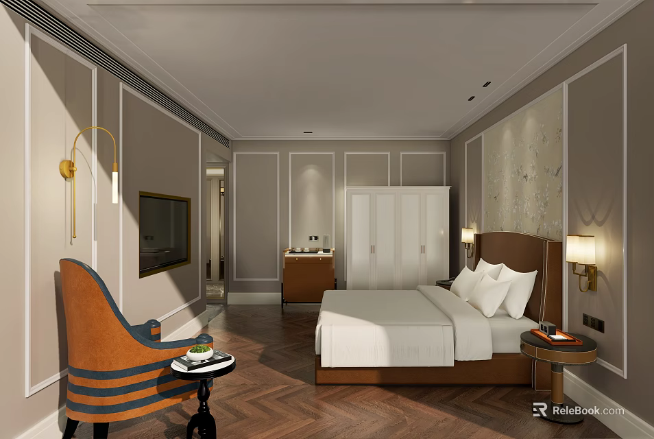 Elegant Hotel Room Interior Design With Herringbone Floor Armchair Bedside Table And Decorative Lighting 3d model 