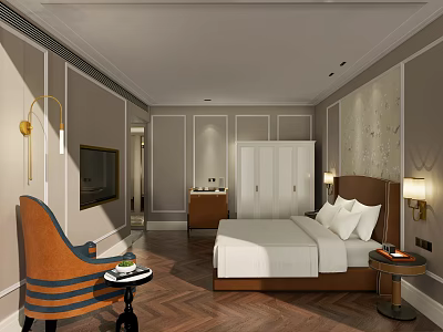 Elegant Hotel Room Interior Design With Herringbone Floor Armchair Bedside Table And Decorative Lighting 3d model