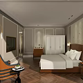 Elegant Hotel Room Interior Design With Herringbone Floor Armchair Bedside Table And Decorative Lighting