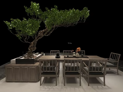 Wooden Tea Table and Chairs with Bonsai Tree and Decorative Vases in Interior Space 3d model