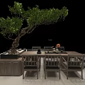 Wooden Tea Table and Chairs with Bonsai Tree and Decorative Vases in Interior Space
