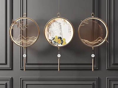 Circular Chandeliers With Golden Frame Featuring Bamboo Landscape And Wave Elements On Dark Gray Wall 3d model