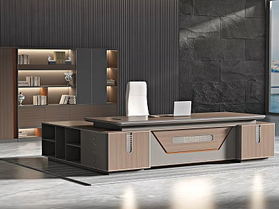 Modern Office Interior Design With Executive Desk Bookshelf And White Chair 3d model