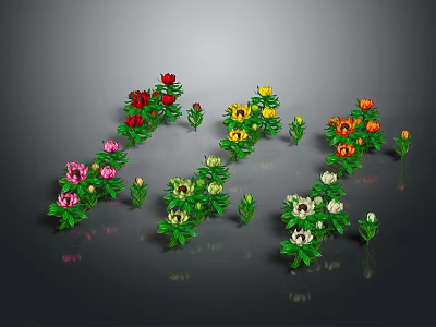Colorful Flowers Arranged in Curve Shape With Green Leaves and Gray Background 3d model