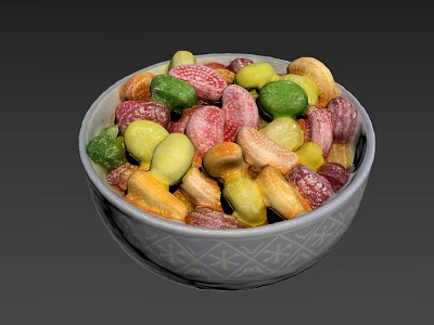 Colorful Mixed Nuts and Beans in Decorative Ceramic Bowl with Patterns 3d model