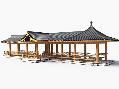 Traditional Wooden Pavilion With Curved Black Tiled Roof Columns And Stone Benches 3d model