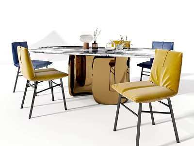 Modern Stylish Dining Table Set With Yellow Blue Chairs Golden Legs And Decorative Vases 3d model