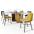 Modern Stylish Dining Table Set With Yellow Blue Chairs Golden Legs And Decorative Vases